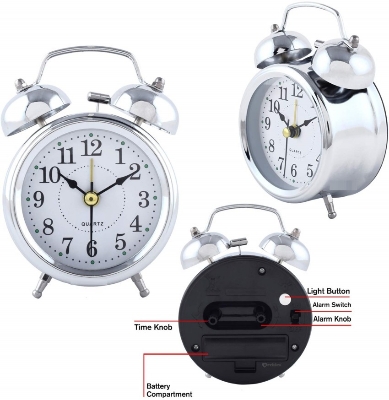 Picture of Small Black Alarm Clock/Twin Bell Table Clock - Loud Alarm Clock - Stylish Timekeeping for Home Office & Students 