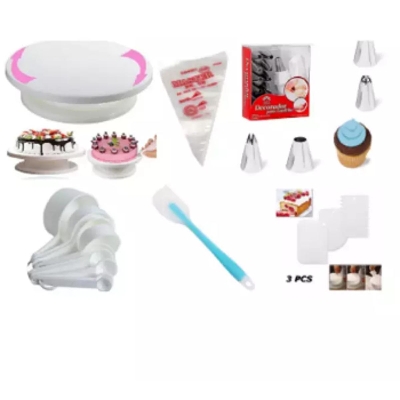 Picture of Cake Decoration Turntable & 12 Pieces Of Stainless Steel Nozzle Set & Silicone Heat Resistant Spatula - 10 inch & Measuring Spoon Cup Set & 3 pieces Plastic Cream Scraper & 10 Pieces Pipping Bags (6 products) -White