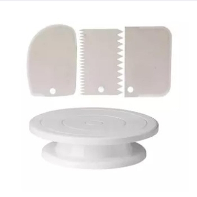 Picture of Perfect Pricee Combo Set of Plastic Revolving Turn Table Cake Stand with 3 Scrapper, White...... -White