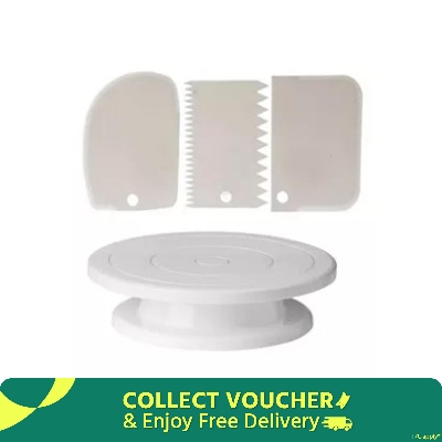 Picture of Perfect Pricee Combo Set of Plastic Revolving Turn Table Cake Stand with 3 Scrapper, White -White