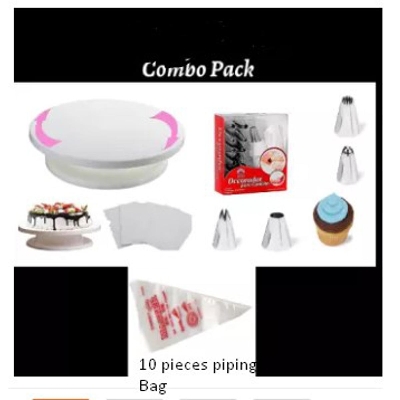 Picture of Cake Turntable -28 cm + 12 pieces Cake Nozzle set + 10 Piping Bags + 3 pcs scrapper set of combo pack of 4 items -Multicolor