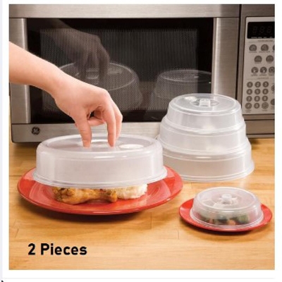 Picture of 2 Pieces MICROWAVE FOOD COVER / Plate Cover Splatter Guard Non Stick Plastic Clear Dish Lid -White