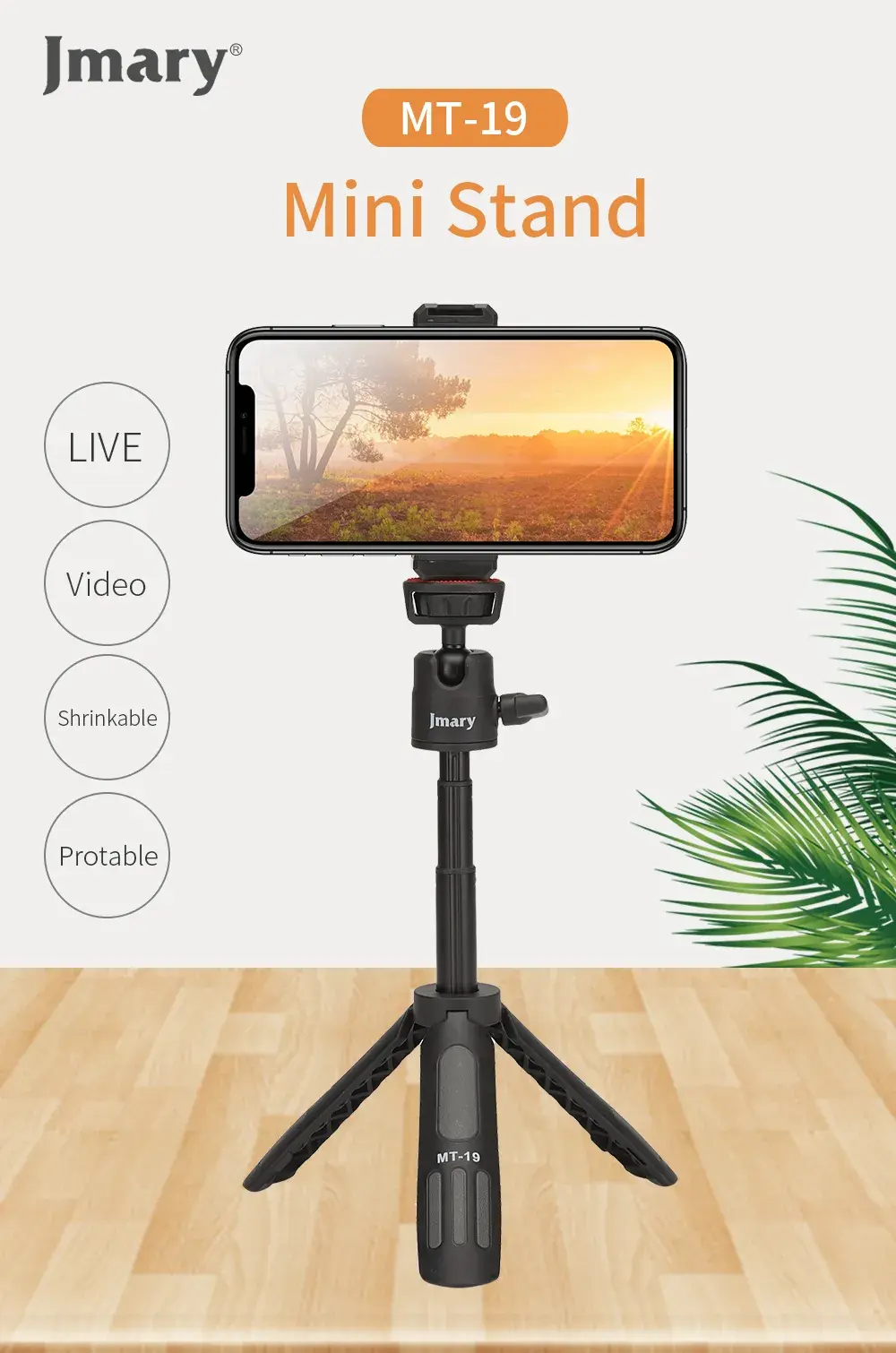 Picture of Jmary MT-19 Mini Tripod Stand with Universal Mobile Phone Holder and High Quality Aluminum Alloy Ball Head Black (Black)