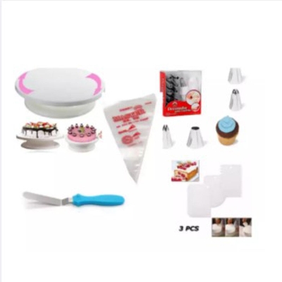 Picture of Cake Decoration Turntable & 12 Pieces Of Stainless Steel Nozzle Set & stainless steel butter k*nife or cake planner (7 inch) & 3 pieces Plastic Cream Scraper & 10 Pieces Pipping Bags (5 products) -White