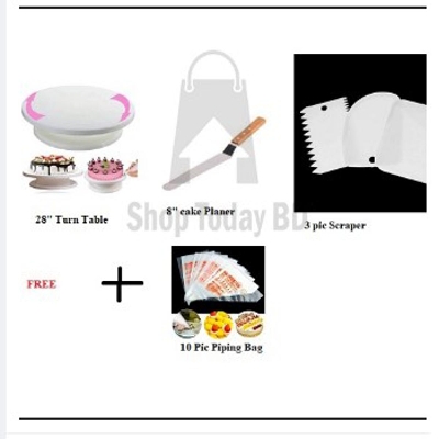 Picture of 3 Combo Turn Table+3 Pcs Scraper set- white+ Cake planer-8" + FREE 10 Pic Piping Bag -White