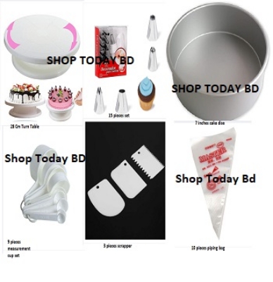 Picture of Cake Decoration Turntable & 12 Pieces Of Stainless Steel Nozzle Set & Removable Cake Pan & Bread Mold & Measuring Spoon Cup Set & 3 pieces Plastic Cream Scraper & 10 Pieces Pipping Bags (6 products) -White