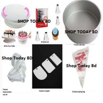 Picture of Cake Decoration Turntable & 12 Pieces Of Stainless Steel Nozzle Set & Removable Cake Pan & Bread Mold & Measuring Spoon Cup Set & 3 pieces Plastic Cream Scraper & 10 Pieces Pipping Bags (6 products) -White