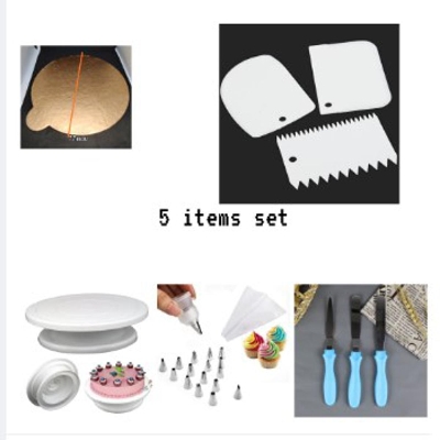 Picture of (5 items Set)-Cake Turn Table 28 cm+3 pcs baking k*nife set+12 pcs nozzle with paiping bag+3 pcs scrapeer+7.7 inchi cake bord -White