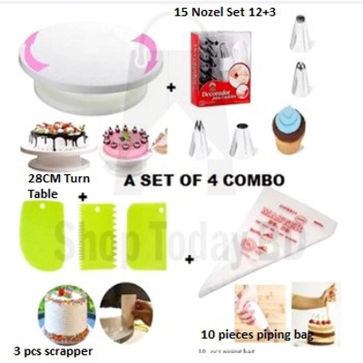 Picture of Cake Decoration Turntable - 28cm & 12 pieces set of Nozzle & 3 pieces set of Scrapper & 10 pipping bags Combo Pack(4 items) -Multicolor