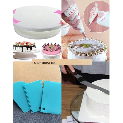 Picture of 6 pcs a set Turn table+3 pcs scraper + cake planer 8" 10pcs Plastic Piping Bags -Multicolor