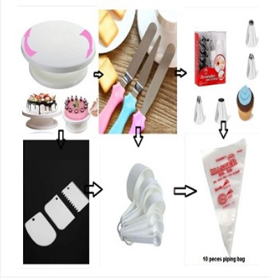 Picture of 6C Cake Decoration Turntable , 12 Pieces Of Stainless Steel Nozzle Set , 3 pieces of cake planner , Measuring Spoon Cup Set , 3 pieces Plastic Cream Scraper & 10 Pieces Pipping Bags -White