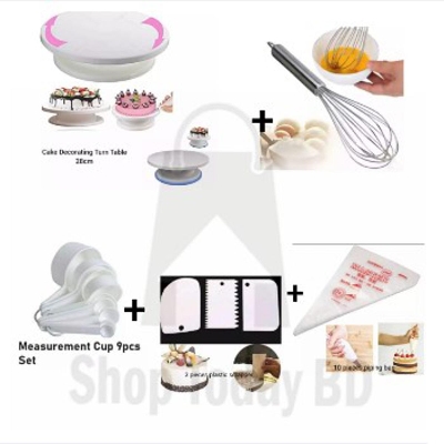 Picture of 5 X Combo Cake Decorating Turn table 28 Inches + Egg Bitter + 3 PCS Plastic Cake Scraper + Measurement Cup set + 10 Pieces Piping Bag -White