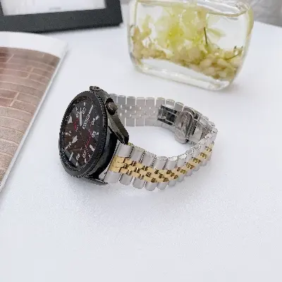 Picture of 20mm Stainless Steel Five Bead Watch Strap Premium Metal Bracelet for Smartwatches With Butterfly Buckle Jubilee Style (Silver Gold,Not Specified)