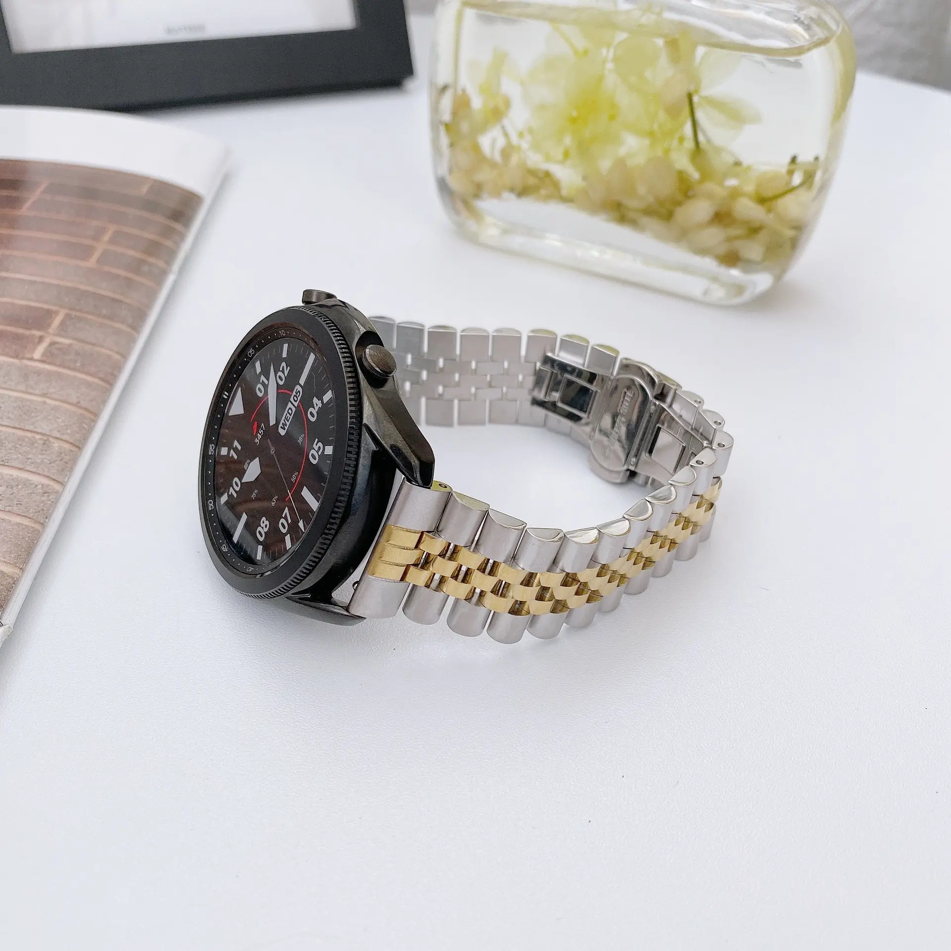 Picture of 20mm Stainless Steel Five Bead Watch Strap Premium Metal Bracelet for Smartwatches With Butterfly Buckle Jubilee Style (Silver Rose Gold,Not Specified)