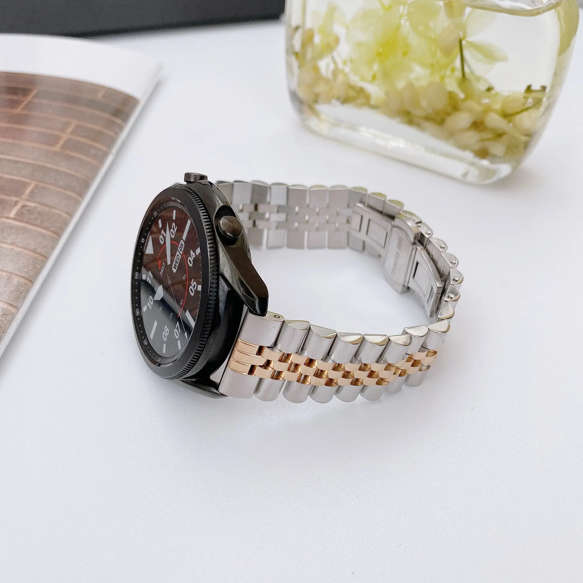 Picture of 20mm Stainless Steel Five Bead Watch Strap Premium Metal Bracelet for Smartwatches With Butterfly Buckle Jubilee Style (Silver Rose Gold,Not Specified)