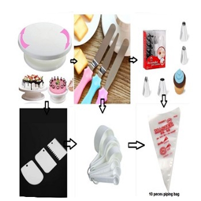 Picture of 6C Combo Cake Decoration Turntable , 12 Pieces Of Stainless Steel Nozzle Set , 3 pieces of cake planner , Measuring Spoon Cup Set , 3 pieces Plastic Cream Scraper & 10 Pieces Pipping Bags -White