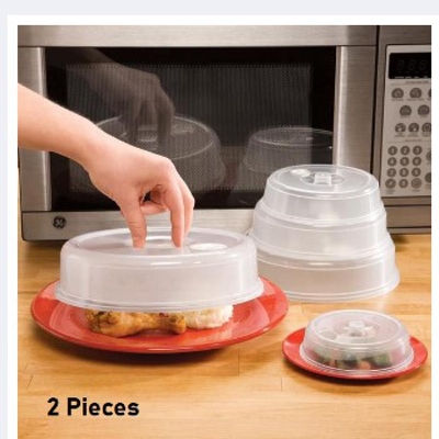 Picture of 2 Pieces MICROWAVE FOOD COVER / Plate Cover Splatter Guard Non Stick Plastic Clear Dish Lid -White