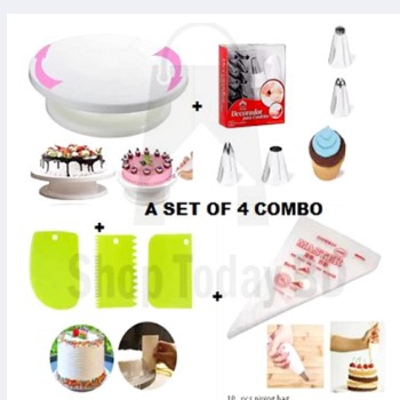 Picture of 4P Cake Decorating Turntable - 28 cm +12 pieces Cake decoration Nozzle set + 10 Piping Bags  + 3 pcs scrapper combo pack of 4 items -White