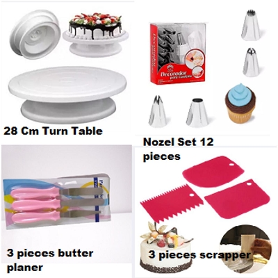 Picture of 4pcs BAking Combo Set-CAke Turn Table 28 cm + 12pcs Nozzle with Paiping Bag+ 3Pcs baking k.nife with handle + 3Pcs scraper set -Multicolor