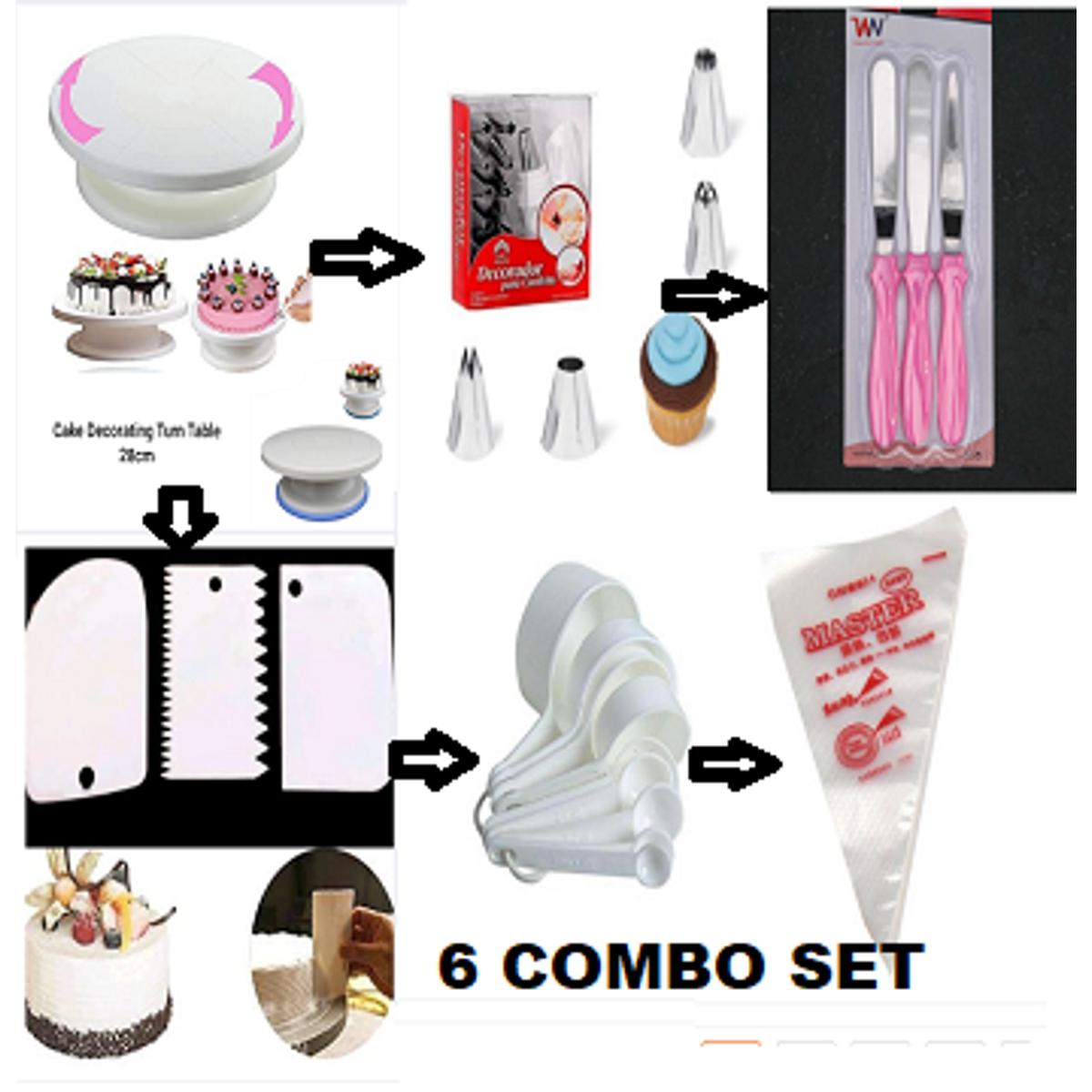 Picture of 6 A Set  Cake Decoration Turntable , 12 Pieces Of Stainless Steel Nozzle Set , 3 pieces of cake planner , Measuring Spoon Cup Set , 3 pieces Plastic Cream Scraper & 10 Pieces Pipping Bags -Multicolor