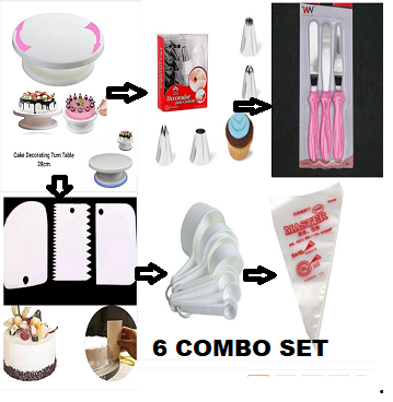 Picture of 6 A Set  Cake Decoration Turntable , 12 Pieces Of Stainless Steel Nozzle Set , 3 pieces of cake planner , Measuring Spoon Cup Set , 3 pieces Plastic Cream Scraper & 10 Pieces Pipping Bags -Multicolor