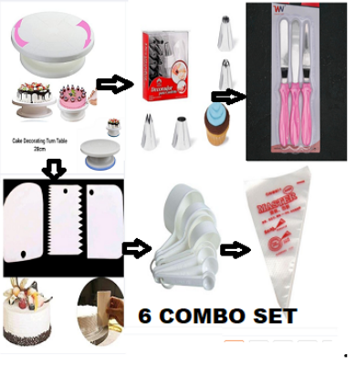 Picture of 6 A Set  Cake Decoration Turntable , 12 Pieces Of Stainless Steel Nozzle Set , 3 pieces of cake planner , Measuring Spoon Cup Set , 3 pieces Plastic Cream Scraper & 10 Pieces Pipping Bags -Multicolor