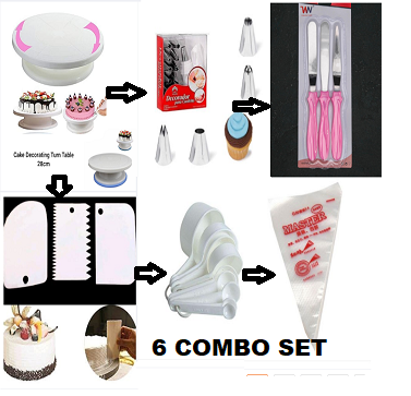 Picture of 6 A Set  Cake Decoration Turntable , 12 Pieces Of Stainless Steel Nozzle Set , 3 pieces of cake planner , Measuring Spoon Cup Set , 3 pieces Plastic Cream Scraper & 10 Pieces Pipping Bags -Multicolor