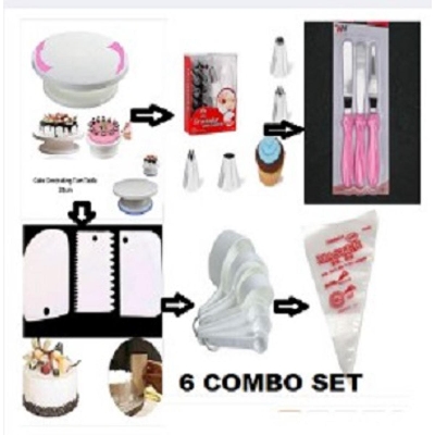 Picture of 6 Of  Set  Cake Decoration Turntable , 12 Pieces Of Stainless Steel Nozzle Set , 3 pieces of cake planner , Measuring Spoon Cup Set , 3 pieces Plastic Cream Scraper & 10 Pieces Pipping Bags -Multicolor