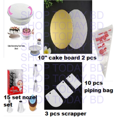Picture of A SET OF Turn Table 28 CM , 15 Nozel Set , 3 Pcs Scraper , 2 pcs 10" Cake Board + 10 Piping Bag -Multicolor