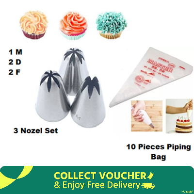 Picture of 2X Combo Stainless Steel 3 piecs Nozzle- 1M ,2D, 2F & 10 Pieces Piping Bag -Silver