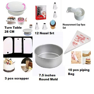 Picture of COMBO Turntable + 12 Pieces Of Stainless Steel Nozzle Set + Round 7.5" Cake Pan & Bread Mold + Measuring Spoon Cup Set + 3 pcs Plastic Cream Scraper  & 10 Pieces Pipping Bags (6 products) -Multicolor