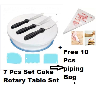 Picture of 7 pcs Combo + 10 pcs piping Bag Free Tutn Table+3Pcs Scrapper + 3 Butter Nife + Free 10 Pcs Piping -Multicolor
