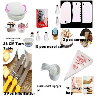 Picture of FS 6c COMBO  Turntable + 12 Pieces Of Stainless Steel Nozzle Set + 3 pieces of stainless steel butter nife or cake planner + Measuring Spoon Cup Set + 3 pieces Plastic Cream Scraper & 10 Pieces Pipping Bags (6 products) -Multicolor