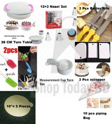 Picture of 8 Combo Cake Turn Table + 12 & 3 Nozel Set + 3 Nife + 2 Oil Brush + 9 M set Cup + 3 Scrapper + 10" 2 Board + 10 Piping Bag -Multicolor