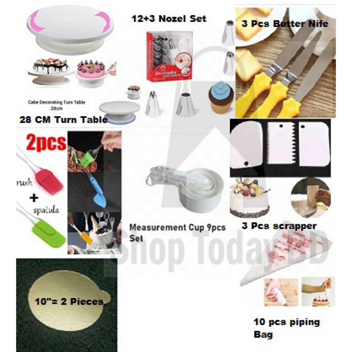 Picture of 8 Combo Cake Turn Table + 12 & 3 Nozel Set + 3 Nife + 2 Oil Brush + 9 M set Cup + 3 Scrapper + 10" 2 Board + 10 Piping Bag -Multicolor