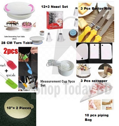 Picture of 8 Combo Cake Turn Table + 12 & 3 Nozel Set + 3 Nife + 2 Oil Brush + 9 M set Cup + 3 Scrapper + 10" 2 Board + 10 Piping Bag -Multicolor
