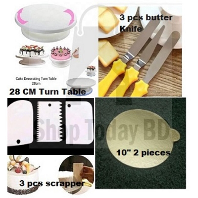 Picture of 4 Cake Combo Turn Table + 3 Butter Nife +3 Scrapper + 10" 2 Board -Multicolor