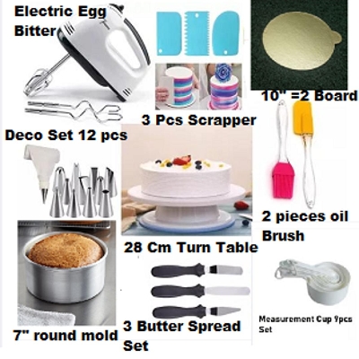 Picture of 9X Combo Full Baking Set Electric Egg Bitter + Turn Table , Deco Nozel Set + oil Brush set + scrapper set + Butter spread set + Measurement cup set + 10" =2 Board + 7" Alu Round -Multicolor