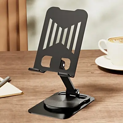 Picture of Foldable Metal Mobile Phone Stand – Adjustable 360° Rotating Desk Holder for Smartphones & Tablets (Black)