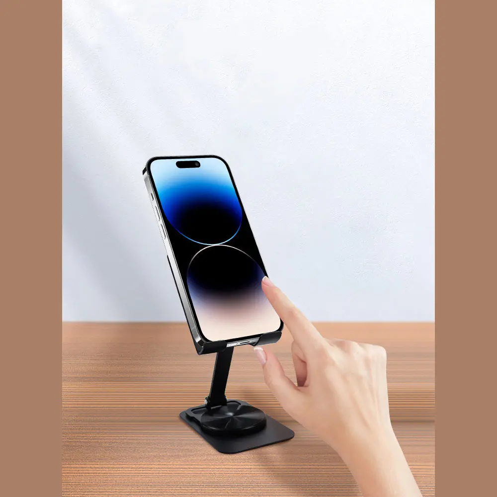 Picture of Foldable Metal Mobile Phone Stand – Adjustable 360° Rotating Desk Holder for Smartphones & Tablets (Black)