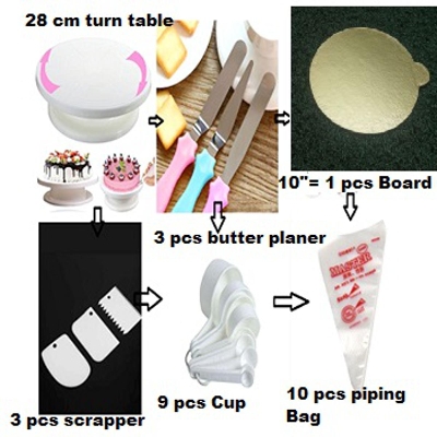 Picture of A Set Turn Table + 3 Butter planer + Measurement Cup set+ 3 scrapper+10 piping +10"= 1Board -Multicolor
