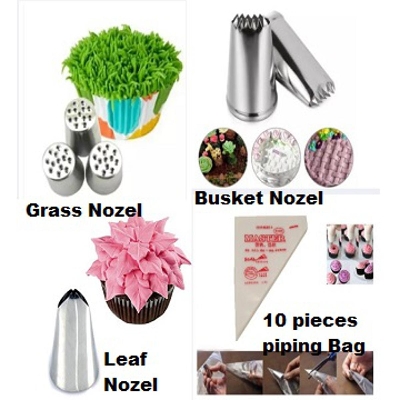 Picture of 3 Pieces Nozel set + 10 Piping Bag Grass Nozel + Busket Nozel + Leaf Nozel + 10 Pieces Piping Bag -Silver