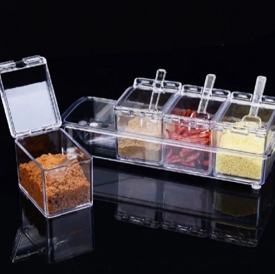 Picture of Crystal Seasoning Box 4 Grid Acrylic Seasoning Spice Box Kit with Spoon Kitchen Masala Container Organizers