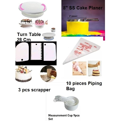 Picture of 5c Combo Turn table, SS 8" planer, 3 scrapper, White Measurement Cup 9 pcs, 10 Piping Bag -Multicolor