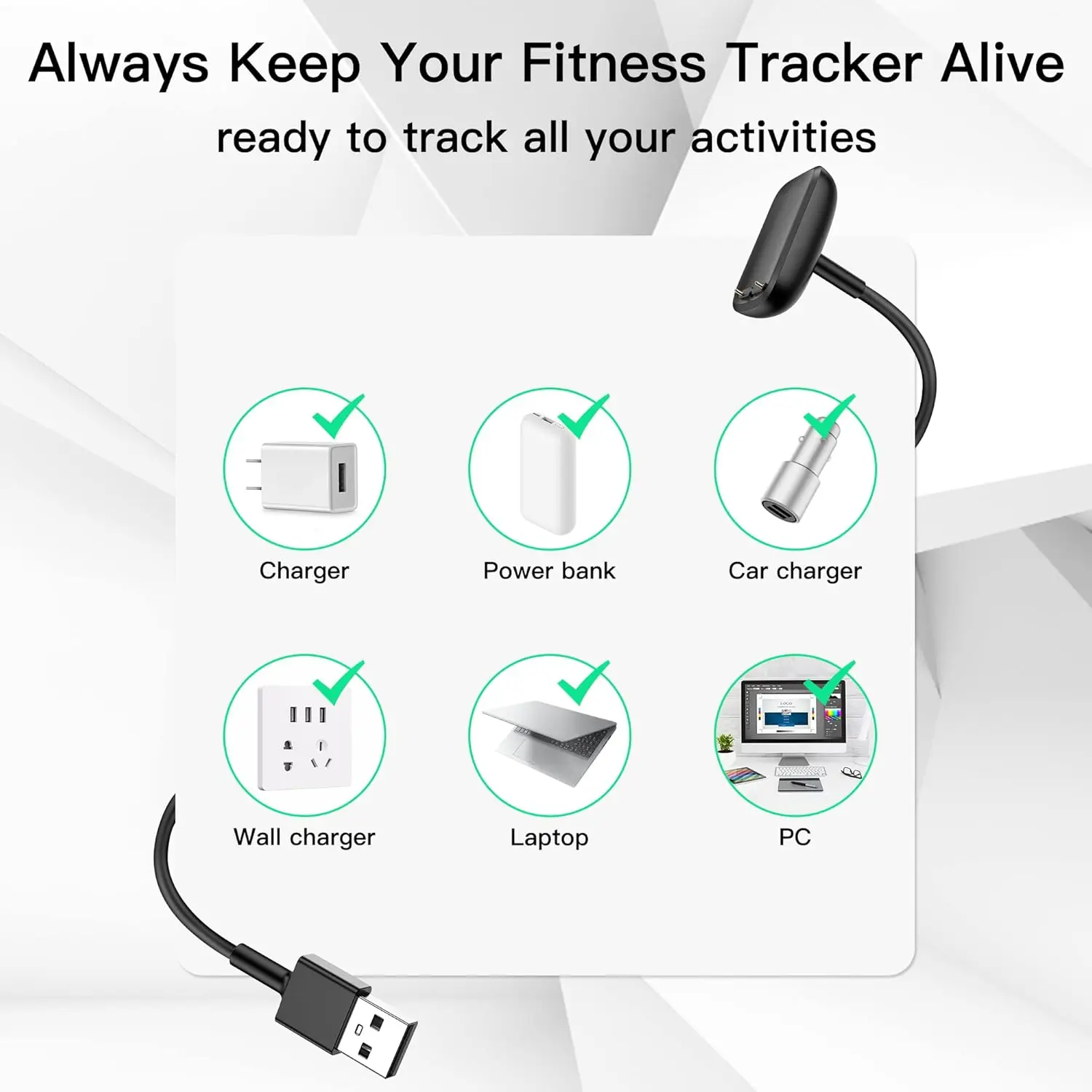 Picture of Fitbit Charge 6 Charger Cable – USB Fast Charging Replacement (Black)
