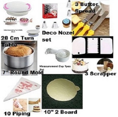 Picture of 8 A Combo Turn Table Full , 12 Deco Nozel , 3 Butter spread , 7" Round Mold , White M Cup set , 3 Scrapper , 10 piping Bag , 10" Cake Board 2 Pcs -Multicolor