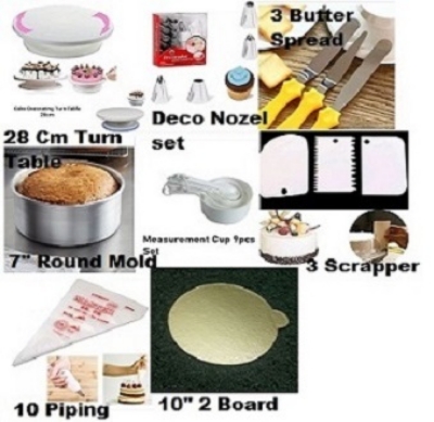 Picture of 8 A Combo Turn Table Full , 12 Deco Nozel , 3 Butter spread , 7" Round Mold , White M Cup set , 3 Scrapper , 10 piping Bag , 10" Cake Board 2 Pcs -Multicolor