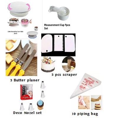 Picture of 6C Cake Combo Turntable 28 CM & 12 Pcs Nozzle Set & 3 Pcs Butter Planer & Measuring Spoon Cup Set & 3 Pcs Cream Scraper & 10 Pcs Pipping Bags -Multicolor