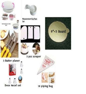 Picture of 7A Cake Combo Cake Decoration Turntable , 12 Pieces Nozzle Set , 3 pieces planner , Measuring Spoon Set , 3 pieces Plastic Cream Scraper ,10 Pieces Pipping Bag & 3 pieces cake Board -Multicolor