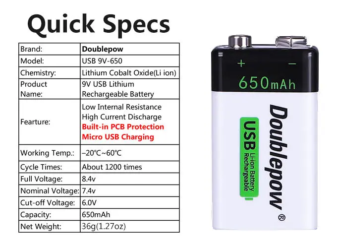 Picture of Doublepow 9V 650mAh USB Rechargeable Li-ion Battery – Built-in Micro USB Charging (Battery 1p)